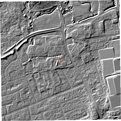 Shaded relief map of the ground around FY52FB, computed from Environment Agency LiDAR. The ground here sits at about 6 m above sea level and falls 6 m across the surrounding 800 m. The ground contributing surface water to this point lies to the south-east.