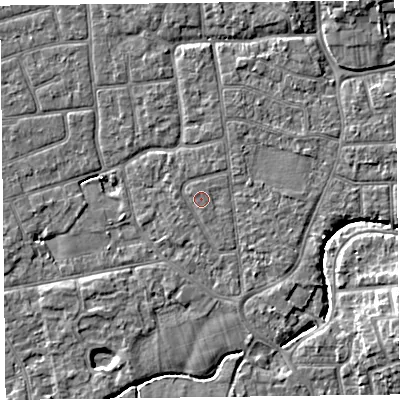 Shaded relief map of the ground around FY52FL, computed from Environment Agency LiDAR. The ground here sits at about 5 m above sea level and falls 7 m across the surrounding 800 m. Surface water reaching this point runs off ground lying to the north-north-west, 0.5 m higher.