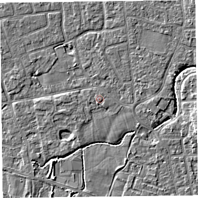 Shaded relief map of the ground around FY52FN, computed from Environment Agency LiDAR. The ground here sits at about 5 m above sea level and falls 5 m across the surrounding 800 m. Surface water reaching this point runs off ground lying to the south-south-east, 0.5 m higher.