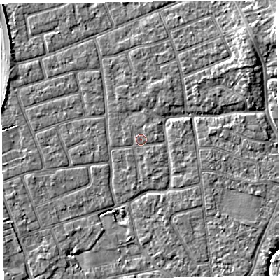 Shaded relief map of the ground around FY52HA, computed from Environment Agency LiDAR. The ground here sits at about 5 m above sea level and falls 6 m across the surrounding 800 m. The ground contributing surface water to this point lies to the west.