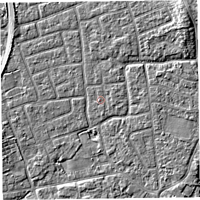 Shaded relief map of the ground around FY52HB, computed from Environment Agency LiDAR. The ground here sits at about 5 m above sea level and falls 5 m across the surrounding 800 m. Surface water reaching this point runs off ground lying to the east-south-east, 0.5 m higher.
