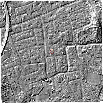 Shaded relief map of the ground around FY52HD, computed from Environment Agency LiDAR. The ground here sits at about 5 m above sea level and falls 5 m across the surrounding 800 m. The ground contributing surface water to this point lies to the west-south-west.