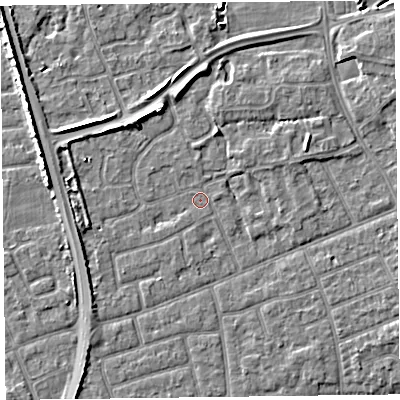 Shaded relief map of the ground around FY52HE, computed from Environment Agency LiDAR. The ground here sits at about 5 m above sea level and falls 5 m across the surrounding 800 m. Surface water reaching this point runs off ground lying to the north-north-west, 4.4 m higher.
