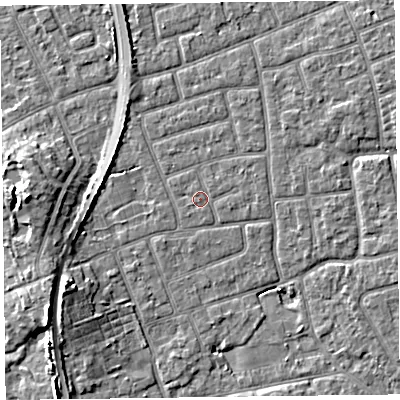 Shaded relief map of the ground around FY52HF, computed from Environment Agency LiDAR. The ground here sits at about 5 m above sea level and falls 8 m across the surrounding 800 m. The ground contributing surface water to this point lies to the south-west.