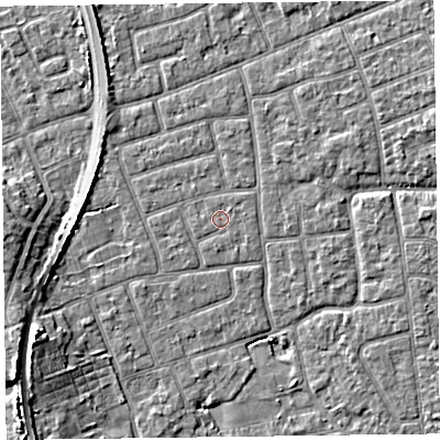 Shaded relief map of the ground around FY52HG, computed from Environment Agency LiDAR. The ground here sits at about 5 m above sea level and falls 7 m across the surrounding 800 m. The ground contributing surface water to this point lies to the north-east.