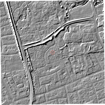 Shaded relief map of the ground around FY52HL, computed from Environment Agency LiDAR. The ground here sits at about 5 m above sea level and falls 5 m across the surrounding 800 m. The ground contributing surface water to this point lies to the north-east.