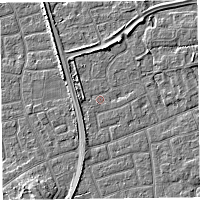 Shaded relief map of the ground around FY52HN, computed from Environment Agency LiDAR. The ground here sits at about 5 m above sea level and falls 5 m across the surrounding 800 m. Surface water reaching this point runs off ground lying to the west, 1.6 m higher.