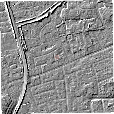 Shaded relief map of the ground around FY52HP, computed from Environment Agency LiDAR. The ground here sits at about 5 m above sea level and falls 5 m across the surrounding 800 m. The ground contributing surface water to this point lies to the west-north-west.