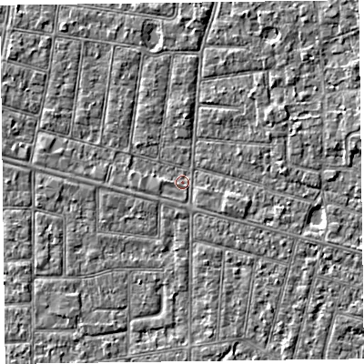 Shaded relief map of the ground around FY52HR, computed from Environment Agency LiDAR. The ground here sits at about 4 m above sea level and falls 3 m across the surrounding 800 m. Surface water reaching this point runs off ground lying to the east-south-east, 1.1 m higher.