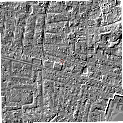 Shaded relief map of the ground around FY52HS, computed from Environment Agency LiDAR. The ground here sits at about 5 m above sea level and falls 5 m across the surrounding 800 m. Surface water reaching this point runs off ground lying to the east-north-east, 3.8 m higher.
