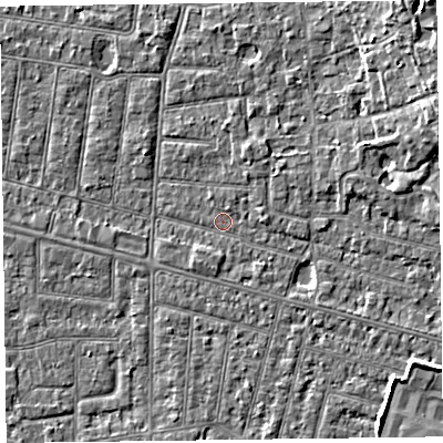 Shaded relief map of the ground around FY52HT, computed from Environment Agency LiDAR. The ground here sits at about 4 m above sea level and falls 7 m across the surrounding 800 m. Surface water reaching this point runs off ground lying to the east-north-east, 3.8 m higher.