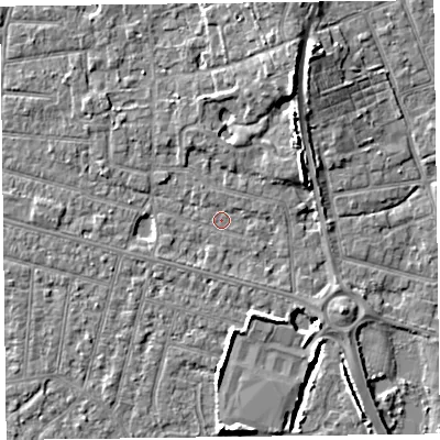 Shaded relief map of the ground around FY52HU, computed from Environment Agency LiDAR. The ground here sits at about 5 m above sea level and falls 7 m across the surrounding 800 m. Surface water reaching this point runs off ground lying to the east-north-east, 4.6 m higher.