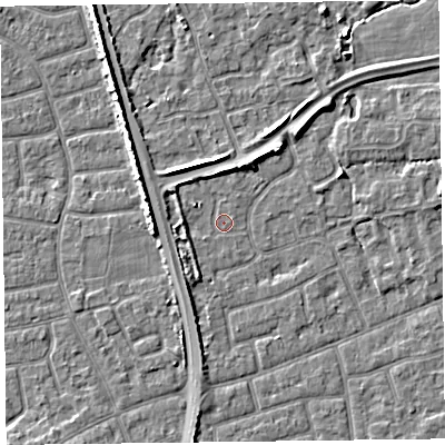 Shaded relief map of the ground around FY52HW, computed from Environment Agency LiDAR. The ground here sits at about 5 m above sea level and falls 5 m across the surrounding 800 m. Surface water reaching this point runs off ground lying to the north, 2.6 m higher.