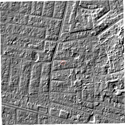 Shaded relief map of the ground around FY52JD, computed from Environment Agency LiDAR. The ground here sits at about 5 m above sea level and falls 6 m across the surrounding 800 m. Surface water reaching this point runs off ground lying to the north-east, 1.1 m higher.