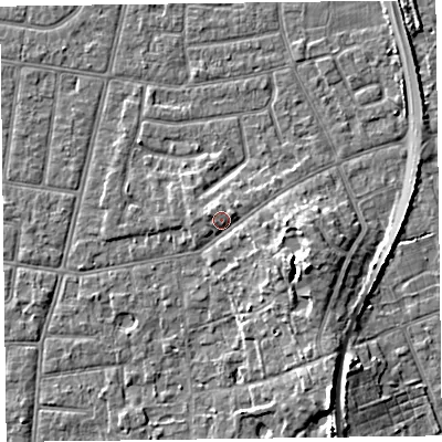 Shaded relief map of the ground around FY52JE, computed from Environment Agency LiDAR. The ground here sits at about 7 m above sea level and falls 7 m across the surrounding 800 m. Surface water reaching this point runs off ground lying to the south-east, 1.7 m higher.