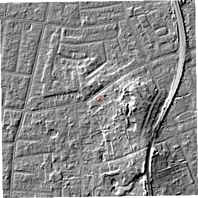 Shaded relief map of the ground around FY52JG, computed from Environment Agency LiDAR. The ground here sits at about 7 m above sea level and falls 7 m across the surrounding 800 m. Surface water reaching this point runs off ground lying to the east, 2.2 m higher.