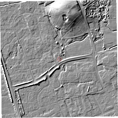 Shaded relief map of the ground around FY52JL, computed from Environment Agency LiDAR. The ground here sits at about 6 m above sea level and falls 11 m across the surrounding 800 m. Surface water reaching this point runs off ground lying to the east, 2.4 m higher.