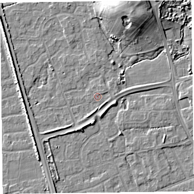Shaded relief map of the ground around FY52JN, computed from Environment Agency LiDAR. The ground here sits at about 5 m above sea level and falls 11 m across the surrounding 800 m. Surface water reaching this point runs off ground lying to the south-south-east, 2.4 m higher.