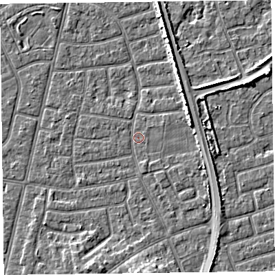 Shaded relief map of the ground around FY52JS, computed from Environment Agency LiDAR. The ground here sits at about 5 m above sea level and falls 5 m across the surrounding 800 m. Surface water reaching this point runs off ground lying to the east-north-east, 3.3 m higher.