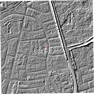 Shaded relief map of the ground around FY52JU, computed from Environment Agency LiDAR. The ground here sits at about 5 m above sea level and falls 5 m across the surrounding 800 m. Surface water reaching this point runs off ground lying to the east-south-east, 4.7 m higher.