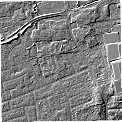 Shaded relief map of the ground around FY52JW, computed from Environment Agency LiDAR. The ground here sits at about 5 m above sea level and falls 5 m across the surrounding 800 m. Surface water reaching this point runs off ground lying to the north-north-west, 1.1 m higher.