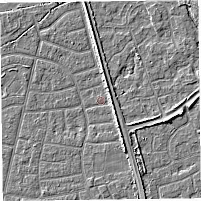 Shaded relief map of the ground around FY52JY, computed from Environment Agency LiDAR. The ground here sits at about 5 m above sea level and falls 8 m across the surrounding 800 m. Surface water reaching this point runs off ground lying to the south-south-east, 4.7 m higher.