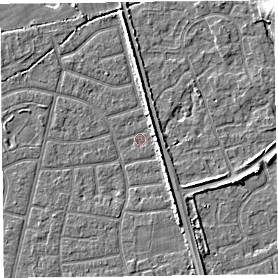 Shaded relief map of the ground around FY52LA, computed from Environment Agency LiDAR. The ground here sits at about 5 m above sea level and falls 7 m across the surrounding 800 m. Surface water reaching this point runs off ground lying to the south-south-east, 4.7 m higher.