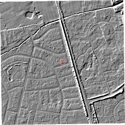 Shaded relief map of the ground around FY52LB, computed from Environment Agency LiDAR. The ground here sits at about 5 m above sea level and falls 5 m across the surrounding 800 m. Surface water reaching this point runs off ground lying to the west, 1.4 m higher.