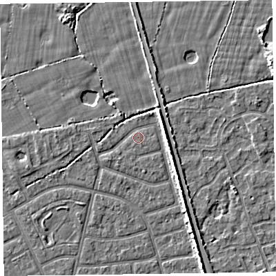 Shaded relief map of the ground around FY52LD, computed from Environment Agency LiDAR. The ground here sits at about 5 m above sea level and falls 5 m across the surrounding 800 m. Surface water reaching this point runs off ground lying to the north-north-east, 0.6 m higher.