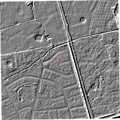 Shaded relief map of the ground around FY52LE, computed from Environment Agency LiDAR. The ground here sits at about 5 m above sea level and falls 5 m across the surrounding 800 m. The ground contributing surface water to this point lies to the west-south-west.