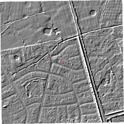 Shaded relief map of the ground around FY52LF, computed from Environment Agency LiDAR. The ground here sits at about 5 m above sea level and falls 5 m across the surrounding 800 m. Surface water reaching this point runs off ground lying to the west-north-west, 2.1 m higher.