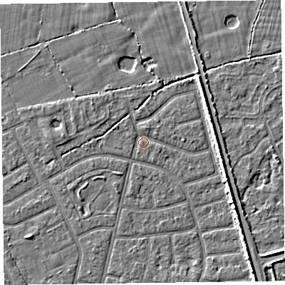 Shaded relief map of the ground around FY52LG, computed from Environment Agency LiDAR. The ground here sits at about 5 m above sea level and falls 5 m across the surrounding 800 m. Surface water reaching this point runs off ground lying to the north-west, 2.1 m higher.