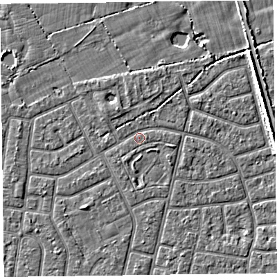 Shaded relief map of the ground around FY52LH, computed from Environment Agency LiDAR. The ground here sits at about 5 m above sea level and falls 5 m across the surrounding 800 m. Surface water reaching this point runs off ground lying to the north, 1.5 m higher.