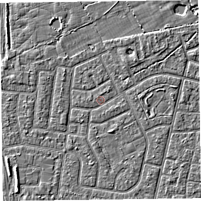 Shaded relief map of the ground around FY52LJ, computed from Environment Agency LiDAR. The ground here sits at about 5 m above sea level and falls 5 m across the surrounding 800 m. Surface water reaching this point runs off ground lying to the east-south-east, 0.7 m higher.