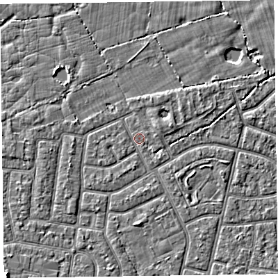 Shaded relief map of the ground around FY52LL, computed from Environment Agency LiDAR. The ground here sits at about 5 m above sea level and falls 5 m across the surrounding 800 m. Surface water reaching this point runs off ground lying to the east-north-east, 1.6 m higher.