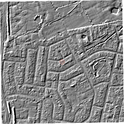 Shaded relief map of the ground around FY52LN, computed from Environment Agency LiDAR. The ground here sits at about 5 m above sea level and falls 5 m across the surrounding 800 m. Surface water reaching this point runs off ground lying to the north-east, 2.0 m higher.