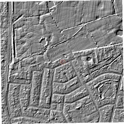 Shaded relief map of the ground around FY52LP, computed from Environment Agency LiDAR. The ground here sits at about 5 m above sea level and falls 3 m across the surrounding 800 m. Surface water reaching this point runs off ground lying to the south, 0.5 m higher.