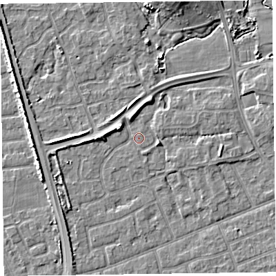 Shaded relief map of the ground around FY52LR, computed from Environment Agency LiDAR. The ground here sits at about 5 m above sea level and falls 6 m across the surrounding 800 m. Surface water reaching this point runs off ground lying to the north-north-east, 2.8 m higher.
