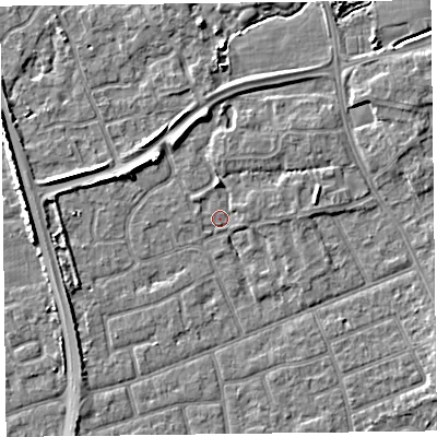 Shaded relief map of the ground around FY52LS, computed from Environment Agency LiDAR. The ground here sits at about 5 m above sea level and falls 5 m across the surrounding 800 m. Surface water reaching this point runs off ground lying to the north, 1.9 m higher.