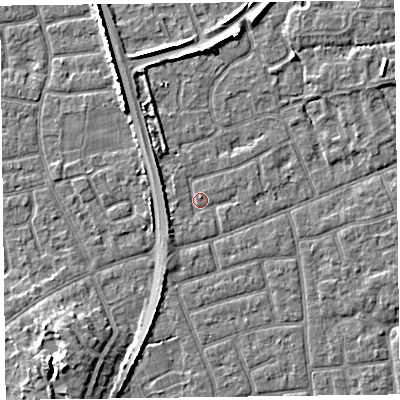 Shaded relief map of the ground around FY52LT, computed from Environment Agency LiDAR. The ground here sits at about 5 m above sea level and falls 7 m across the surrounding 800 m. Surface water reaching this point runs off ground lying to the north-west, 2.0 m higher.