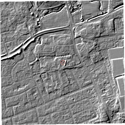 Shaded relief map of the ground around FY52LU, computed from Environment Agency LiDAR. The ground here sits at about 6 m above sea level and falls 6 m across the surrounding 800 m. Surface water reaching this point runs off ground lying to the east-south-east, 1.3 m higher.