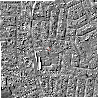Shaded relief map of the ground around FY52LX, computed from Environment Agency LiDAR. The ground here sits at about 5 m above sea level and falls 5 m across the surrounding 800 m. Surface water reaching this point runs off ground lying to the south-south-west, 4.3 m higher.