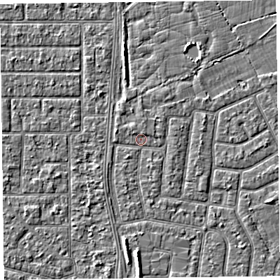 Shaded relief map of the ground around FY52LZ, computed from Environment Agency LiDAR. The ground here sits at about 5 m above sea level and falls 5 m across the surrounding 800 m. Surface water reaching this point runs off ground lying to the north-east, 0.8 m higher.