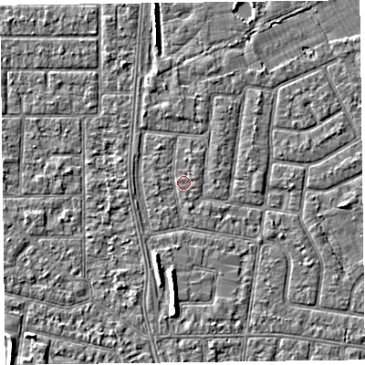 Shaded relief map of the ground around FY52NA, computed from Environment Agency LiDAR. The ground here sits at about 5 m above sea level and falls 5 m across the surrounding 800 m. Surface water reaching this point runs off ground lying to the south, 4.3 m higher.