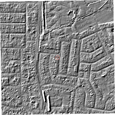 Shaded relief map of the ground around FY52NB, computed from Environment Agency LiDAR. The ground here sits at about 5 m above sea level and falls 5 m across the surrounding 800 m. Surface water reaching this point runs off ground lying to the north-east, 0.6 m higher.