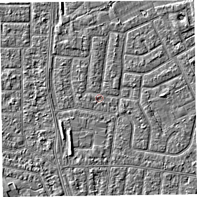 Shaded relief map of the ground around FY52ND, computed from Environment Agency LiDAR. The ground here sits at about 5 m above sea level and falls 5 m across the surrounding 800 m. Surface water reaching this point runs off ground lying to the north, 0.9 m higher.
