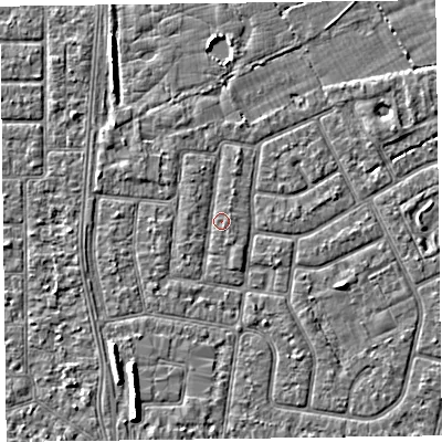 Shaded relief map of the ground around FY52NE, computed from Environment Agency LiDAR. The ground here sits at about 5 m above sea level and falls 5 m across the surrounding 800 m. Surface water reaching this point runs off ground lying to the north-north-west, 0.9 m higher.