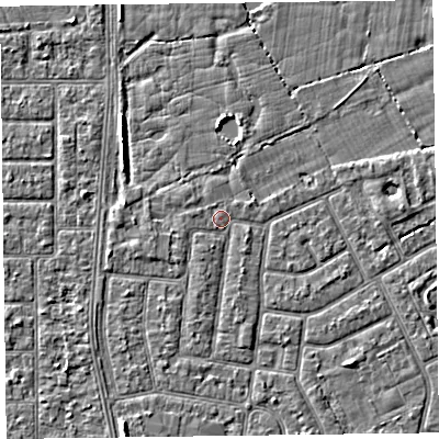 Shaded relief map of the ground around FY52NF, computed from Environment Agency LiDAR. The ground here sits at about 5 m above sea level and falls 3 m across the surrounding 800 m. Surface water reaching this point runs off ground lying to the south-south-west, 0.7 m higher.