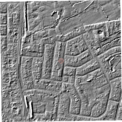 Shaded relief map of the ground around FY52NG, computed from Environment Agency LiDAR. The ground here sits at about 5 m above sea level and falls 5 m across the surrounding 800 m. Surface water reaching this point runs off ground lying to the east-north-east, 2.0 m higher.