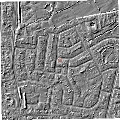 Shaded relief map of the ground around FY52NH, computed from Environment Agency LiDAR. The ground here sits at about 5 m above sea level and falls 5 m across the surrounding 800 m. Surface water reaching this point runs off ground lying to the north-east, 2.0 m higher.